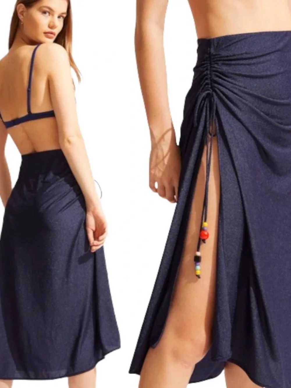 Solid & Striped Navy Blue Ruched Side Slit Midi Flowy Skirt